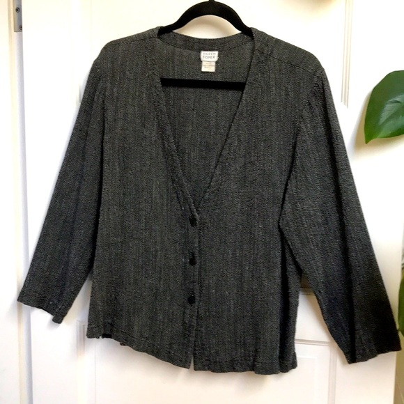 Eileen Fisher Sz Large vintage V neck linen Rayon button front grey black woven